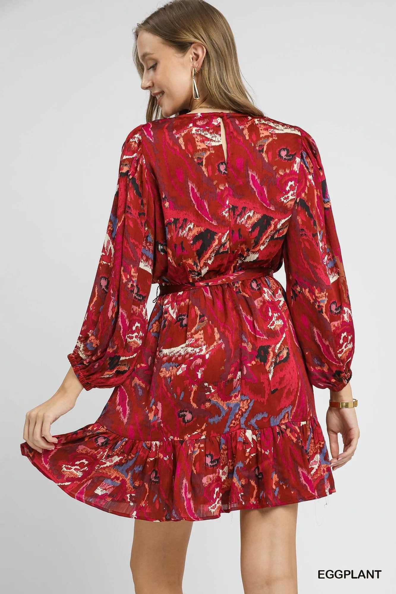 Umgee Ruffled Hem Printed Balloon Sleeve Dress-Dresses-Krush Kandy, Women's Online Fashion Boutique Located in Phoenix, Arizona (Scottsdale Area)