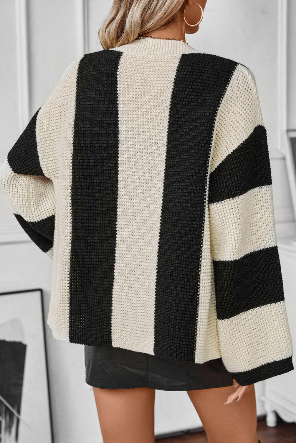 Waffle-Knit V-Neck Striped Long Sleeve Cardigan-Krush Kandy, Women's Online Fashion Boutique Located in Phoenix, Arizona (Scottsdale Area)