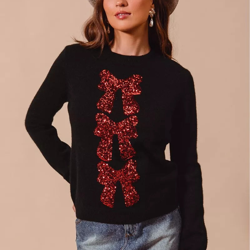 SO ME Sequins Bow Ribbon Embellished Christmas Sweater-Krush Kandy, Women's Online Fashion Boutique Located in Phoenix, Arizona (Scottsdale Area)