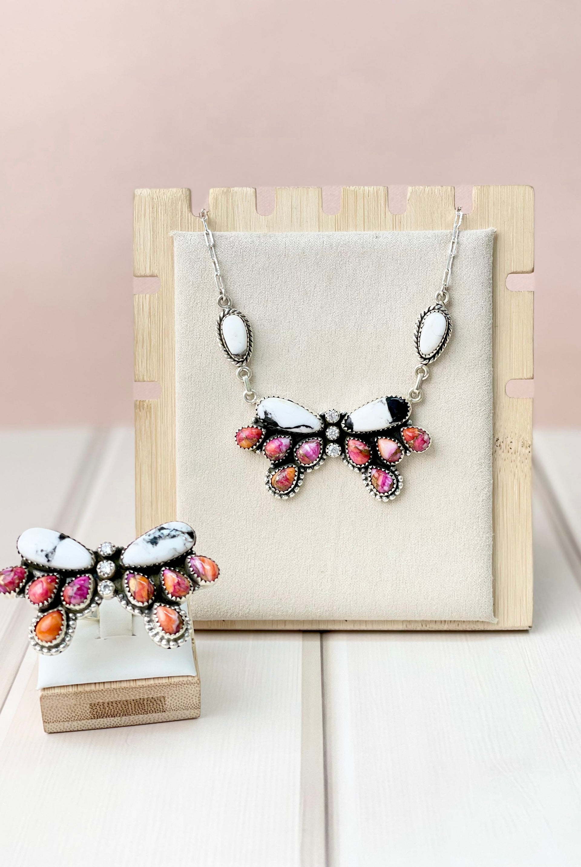 White Buffalo & Pink Dahlia Ruffled Bow Set-Necklaces-Krush Kandy, Women's Online Fashion Boutique Located in Phoenix, Arizona (Scottsdale Area)