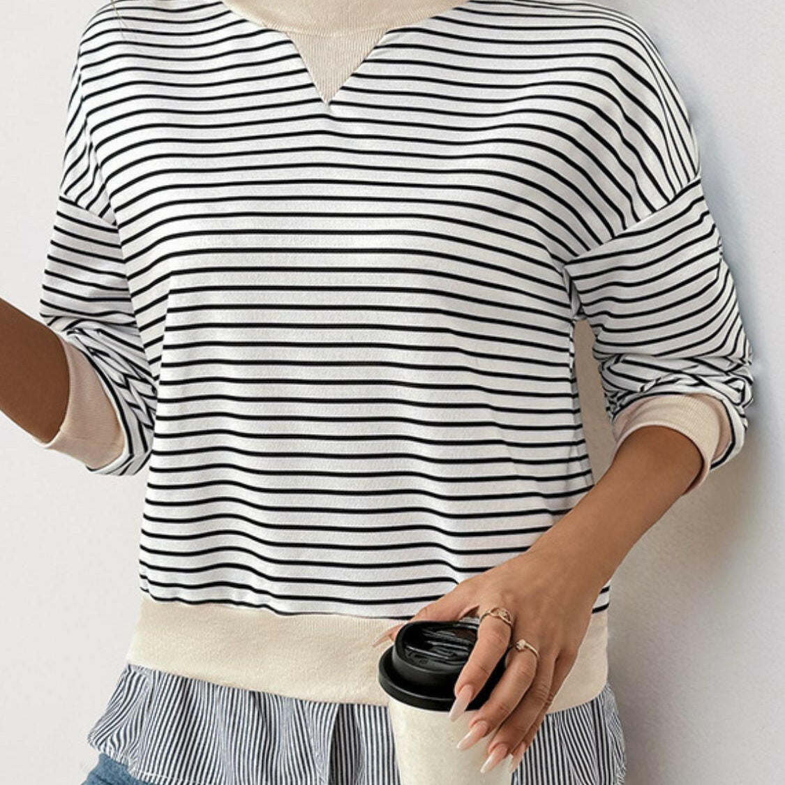 Perfee Faux Layered Striped Long Sleeve Sweatshirt-Long Sleeve Tops-Krush Kandy, Women's Online Fashion Boutique Located in Phoenix, Arizona (Scottsdale Area)