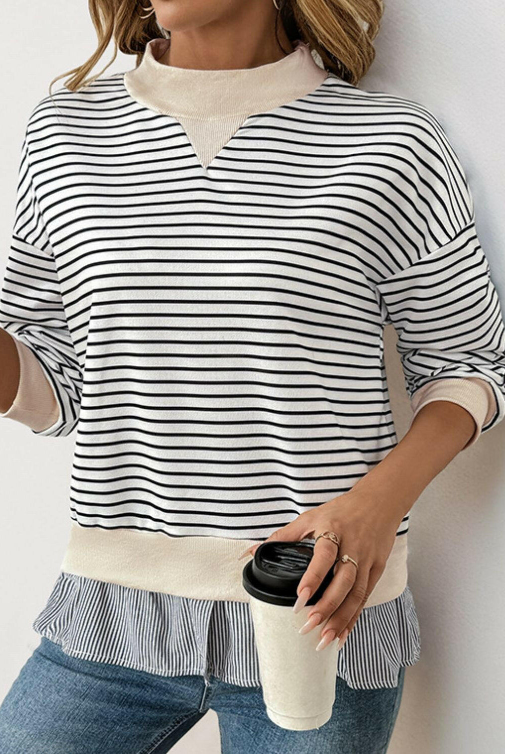 Perfee Faux Layered Striped Long Sleeve Sweatshirt-Long Sleeve Tops-Krush Kandy, Women's Online Fashion Boutique Located in Phoenix, Arizona (Scottsdale Area)