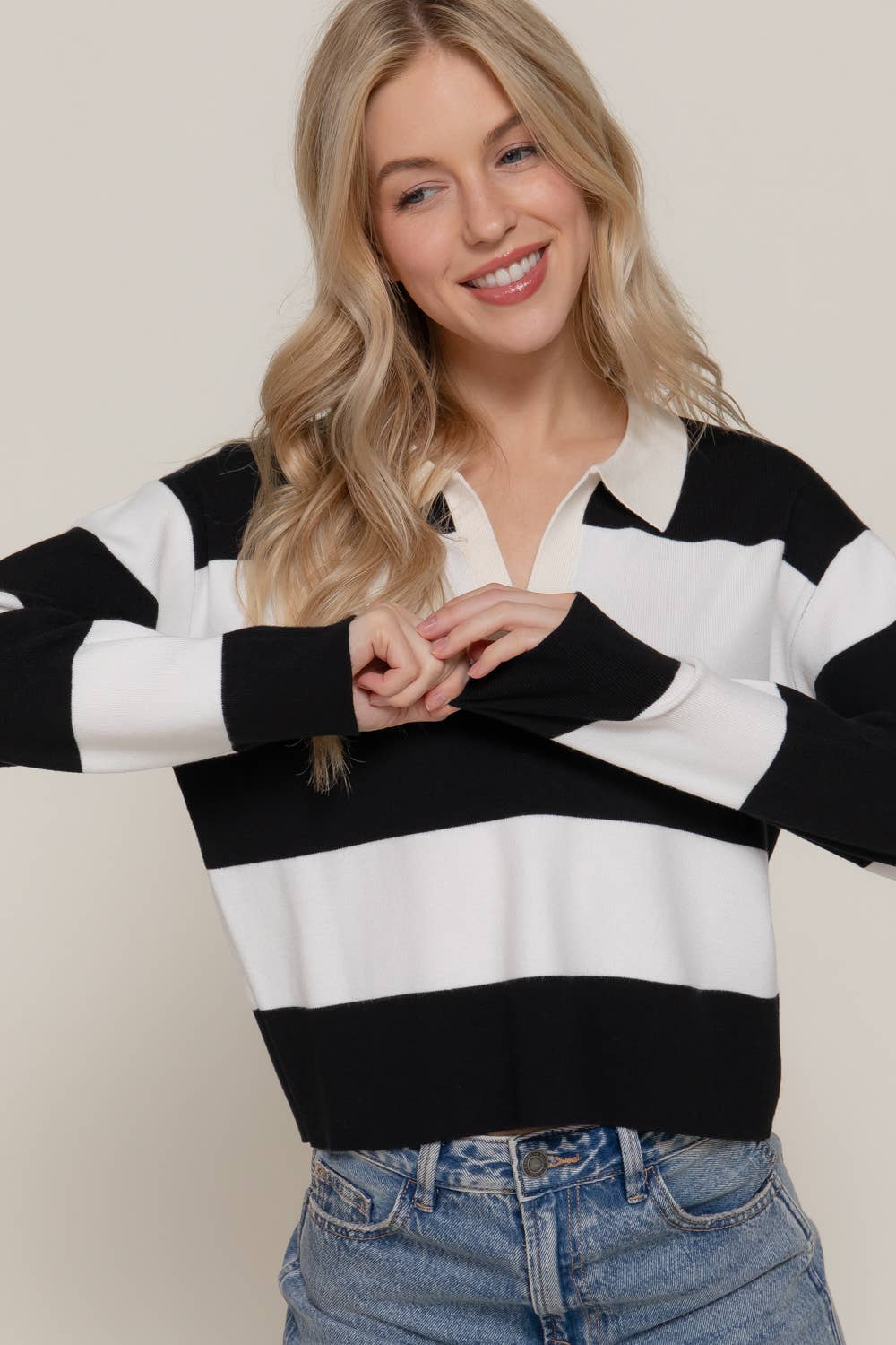 Long Sleeve Rugby Stripe Polo Swaeter-Sweaters-Krush Kandy, Women's Online Fashion Boutique Located in Phoenix, Arizona (Scottsdale Area)