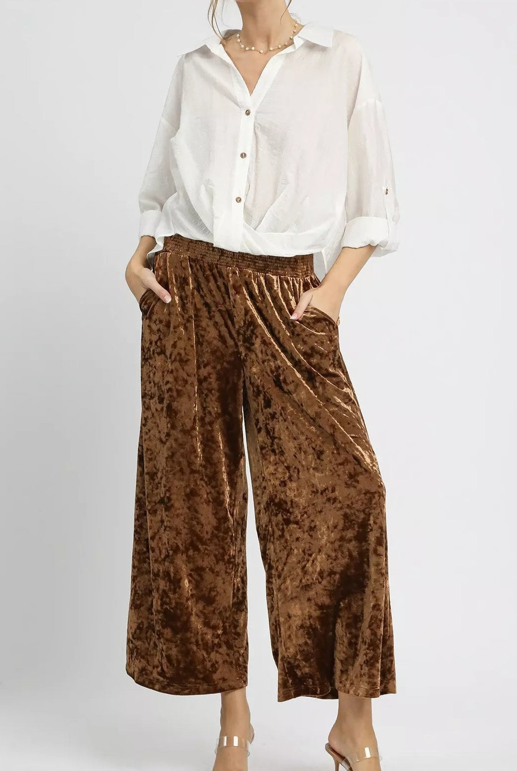 Umgee Velvet Smocked Waistband Wide Leg Pants-Pants-Krush Kandy, Women's Online Fashion Boutique Located in Phoenix, Arizona (Scottsdale Area)