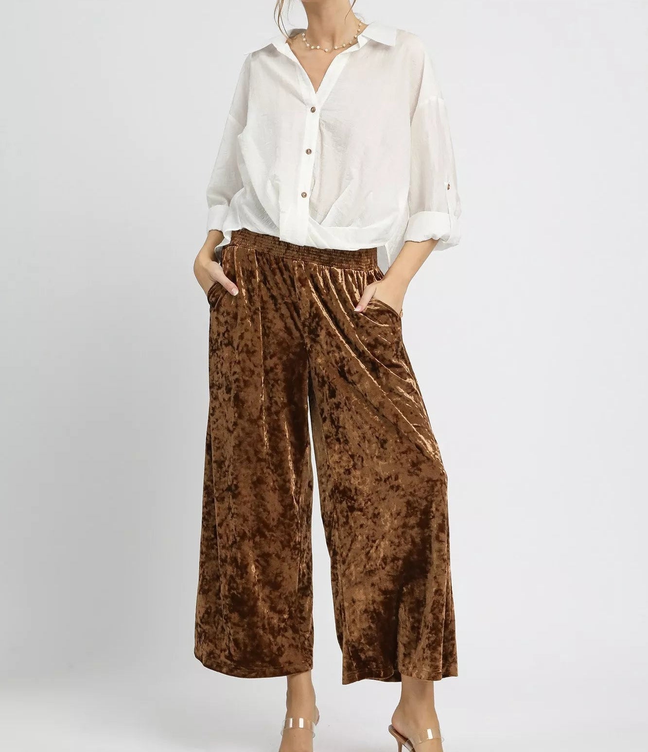 Umgee Velvet Smocked Waistband Wide Leg Pants-Pants-Krush Kandy, Women's Online Fashion Boutique Located in Phoenix, Arizona (Scottsdale Area)