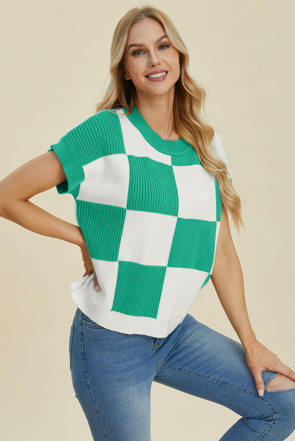 Double Take Full Size Checkered Round Neck Short Sleeve Sweater-Tops-Krush Kandy, Women's Online Fashion Boutique Located in Phoenix, Arizona (Scottsdale Area)