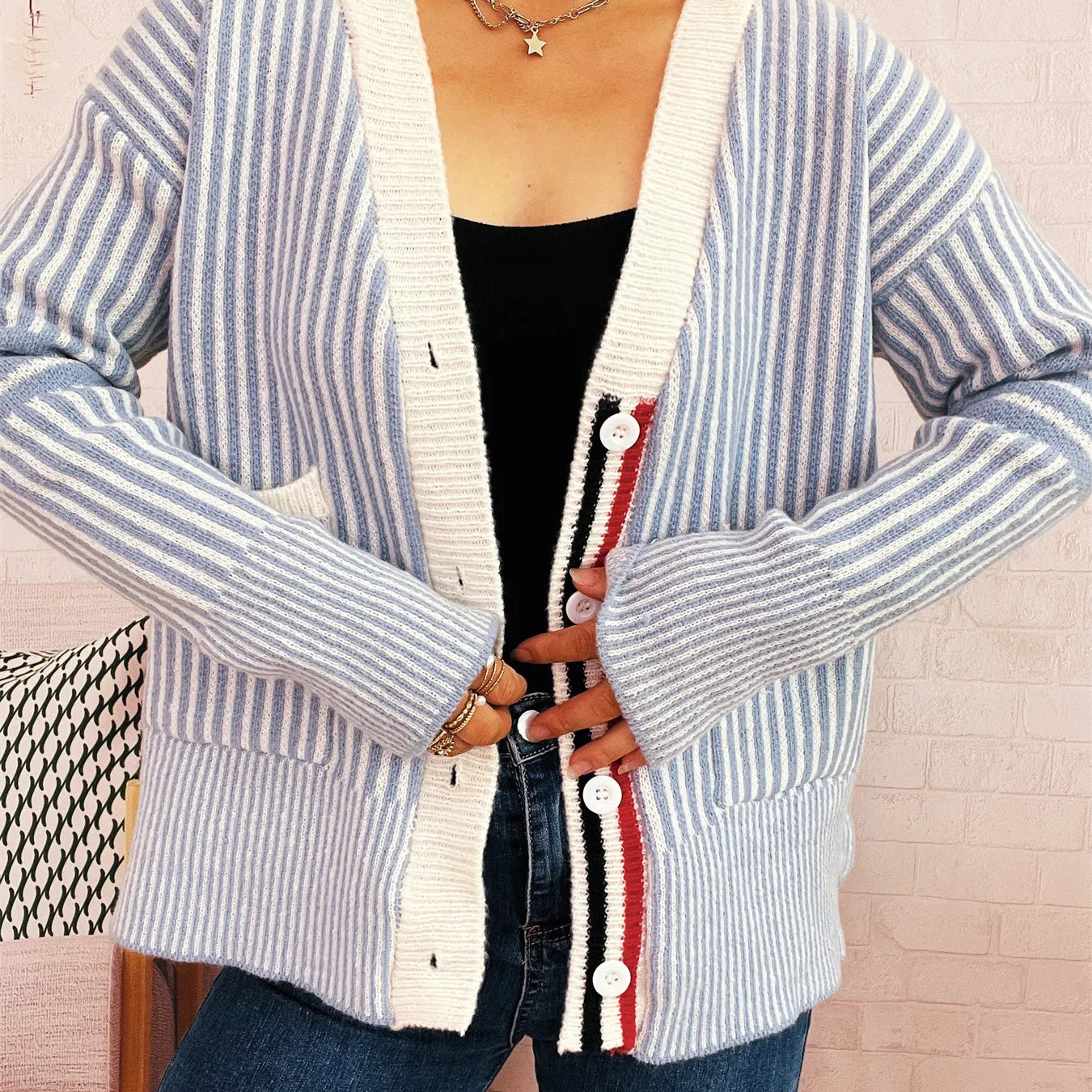 Striped Button-Front Cardigan with Contrast Trim-Cardigan-Krush Kandy, Women's Online Fashion Boutique Located in Phoenix, Arizona (Scottsdale Area)