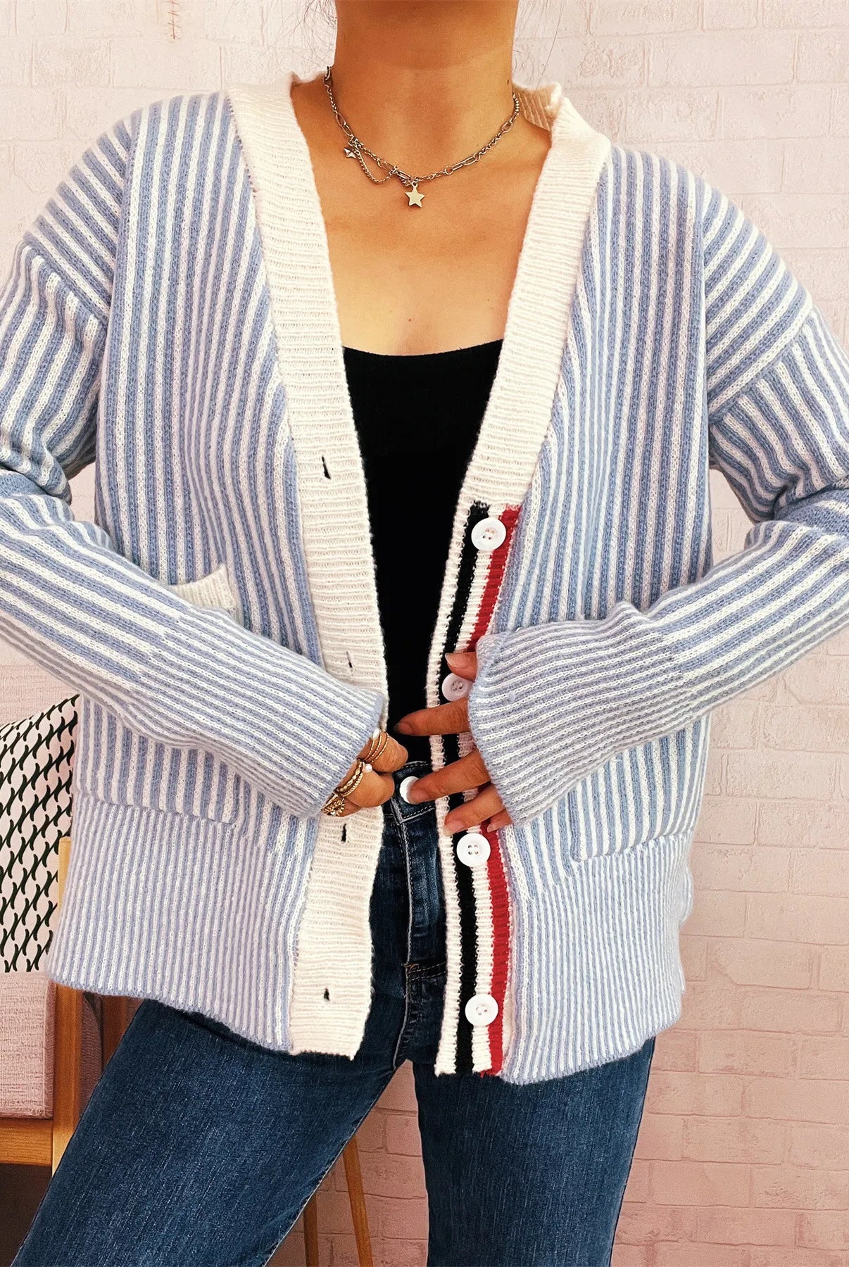 Striped Button-Front Cardigan with Contrast Trim-Cardigan-Krush Kandy, Women's Online Fashion Boutique Located in Phoenix, Arizona (Scottsdale Area)