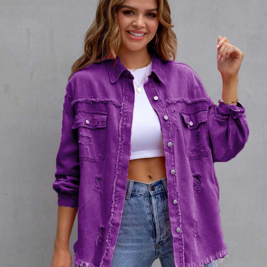 Distressed Drop Shoulder Denim Jacket-Krush Kandy, Women's Online Fashion Boutique Located in Phoenix, Arizona (Scottsdale Area)