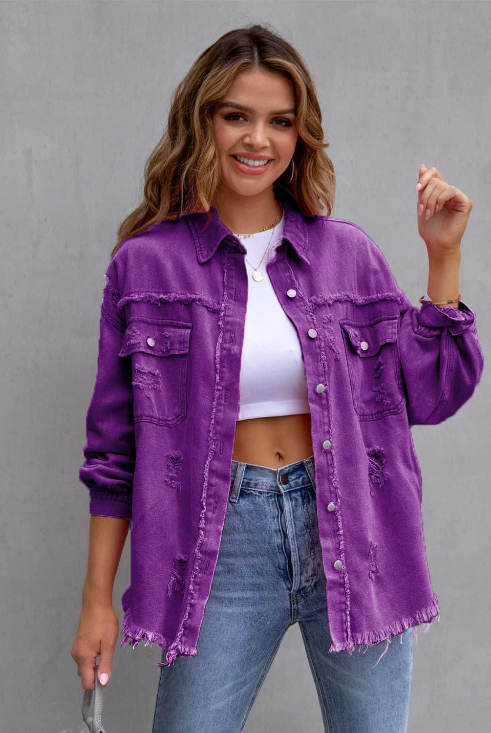 Distressed Drop Shoulder Denim Jacket-Krush Kandy, Women's Online Fashion Boutique Located in Phoenix, Arizona (Scottsdale Area)