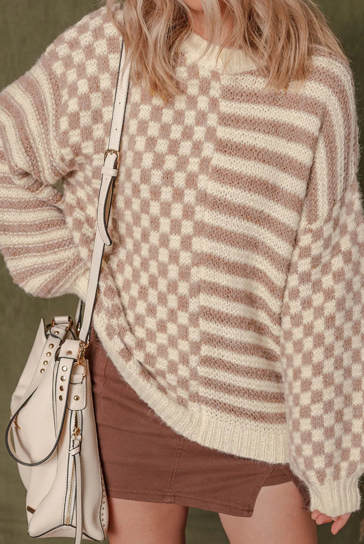 Stripe Checkerboard Drop Shoulder Balloon Sleeve Sweater-Sweaters-Krush Kandy, Women's Online Fashion Boutique Located in Phoenix, Arizona (Scottsdale Area)