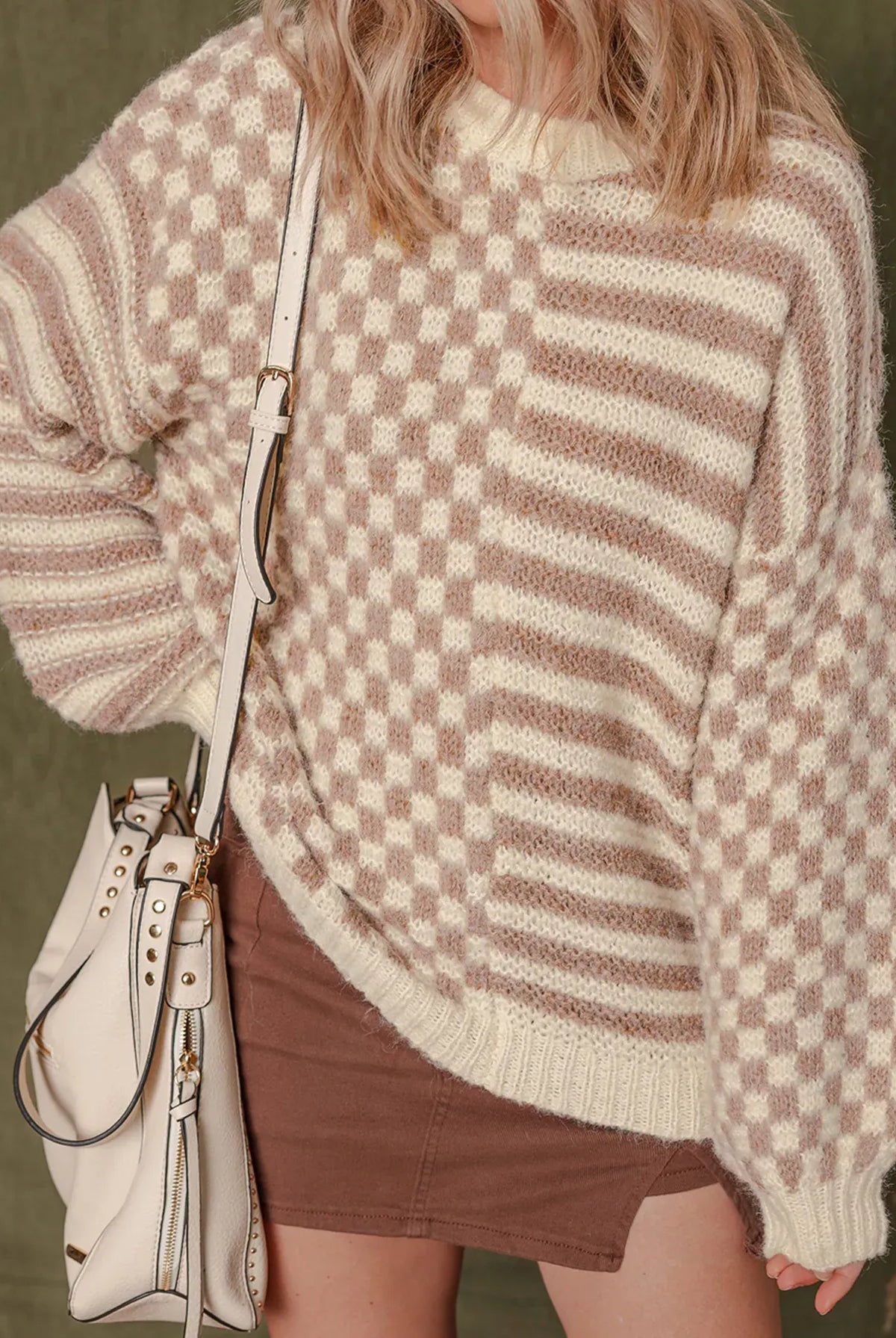 Stripe Checkerboard Drop Shoulder Balloon Sleeve Sweater-Sweaters-Krush Kandy, Women's Online Fashion Boutique Located in Phoenix, Arizona (Scottsdale Area)