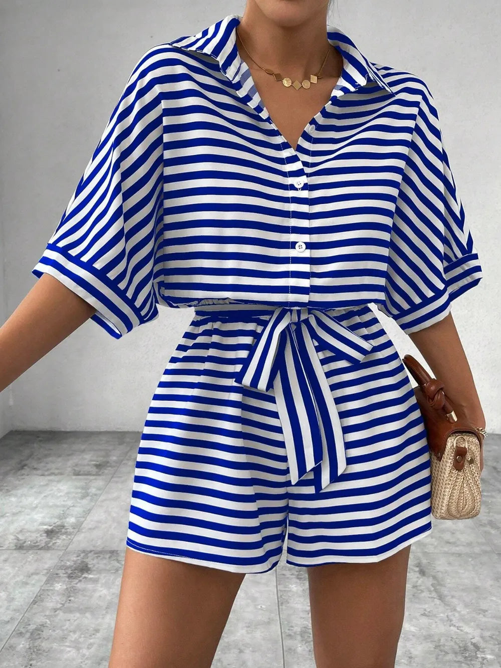 Tie Waist Half Button Striped Romper-Jumpsuits & Rompers-Krush Kandy, Women's Online Fashion Boutique Located in Phoenix, Arizona (Scottsdale Area)