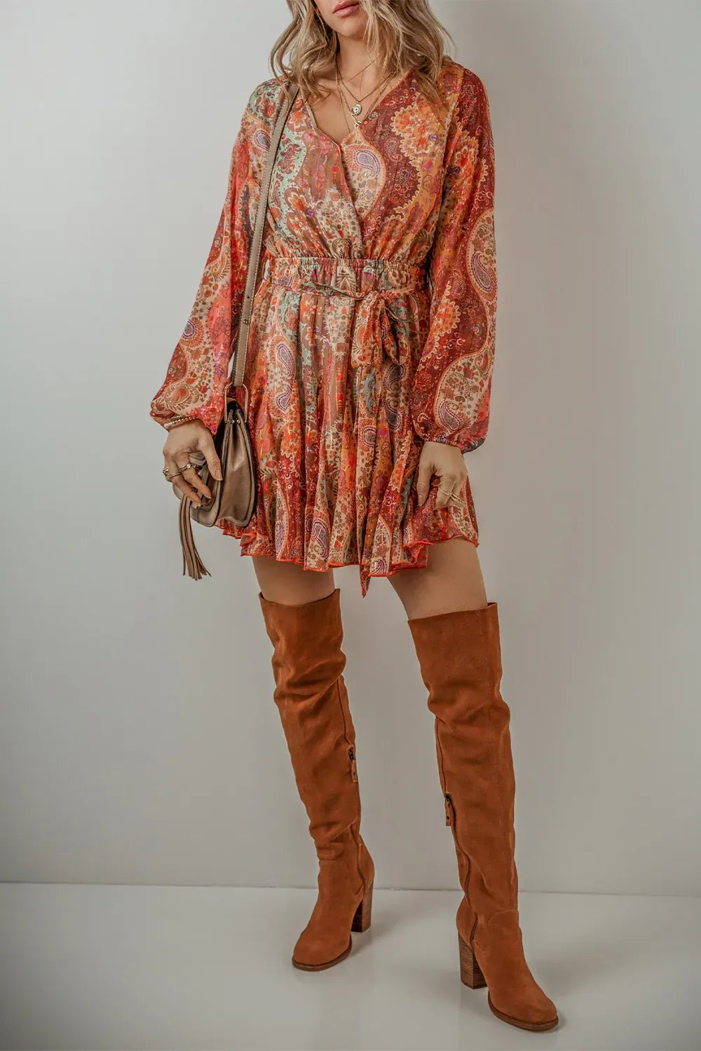 Tied Printed Balloon Sleeve Mini Dress-dresses-Krush Kandy, Women's Online Fashion Boutique Located in Phoenix, Arizona (Scottsdale Area)