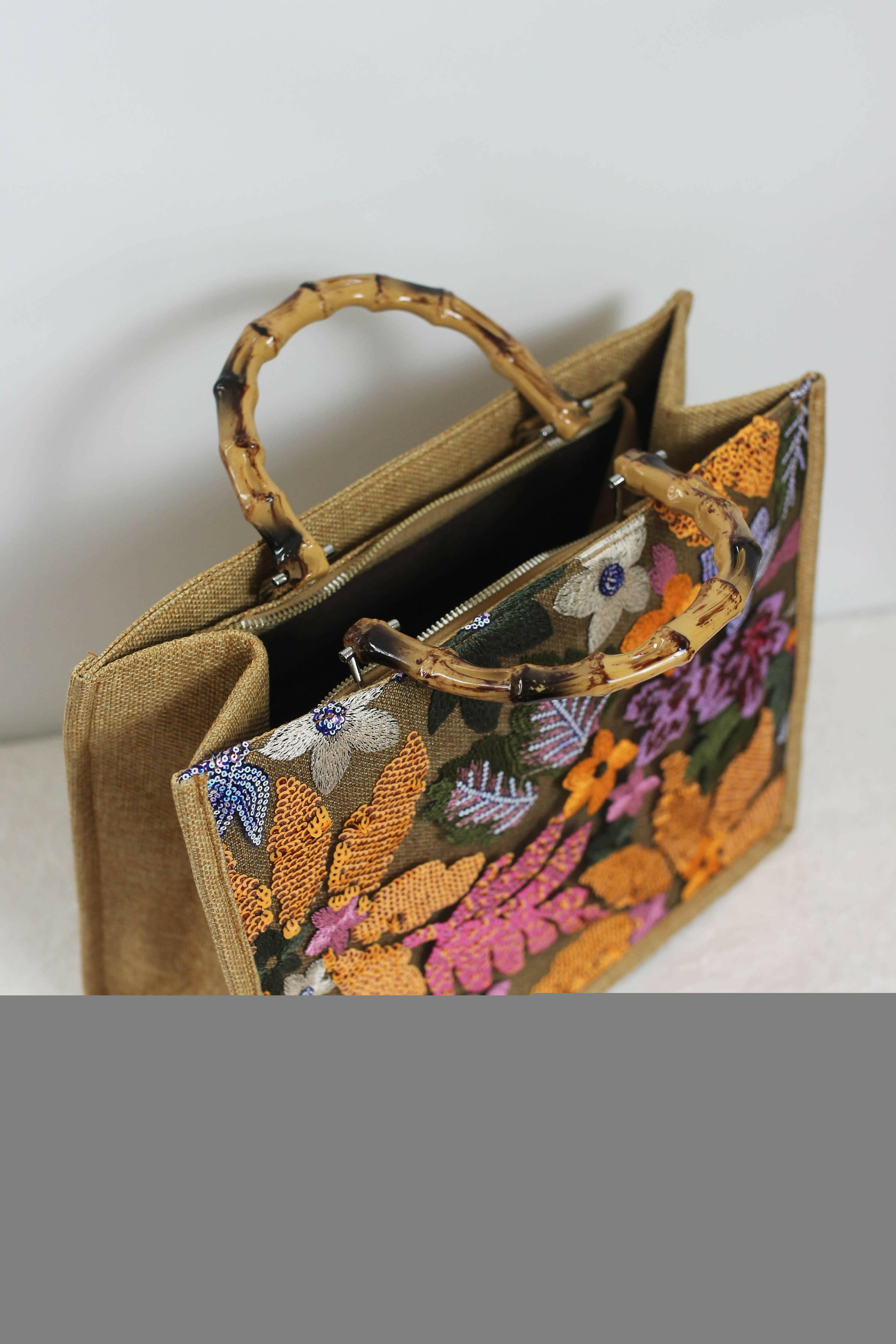 Elegant Burlap Handbag with Floral Embroidery and Bamboo Handle-handbag-Krush Kandy, Women's Online Fashion Boutique Located in Phoenix, Arizona (Scottsdale Area)