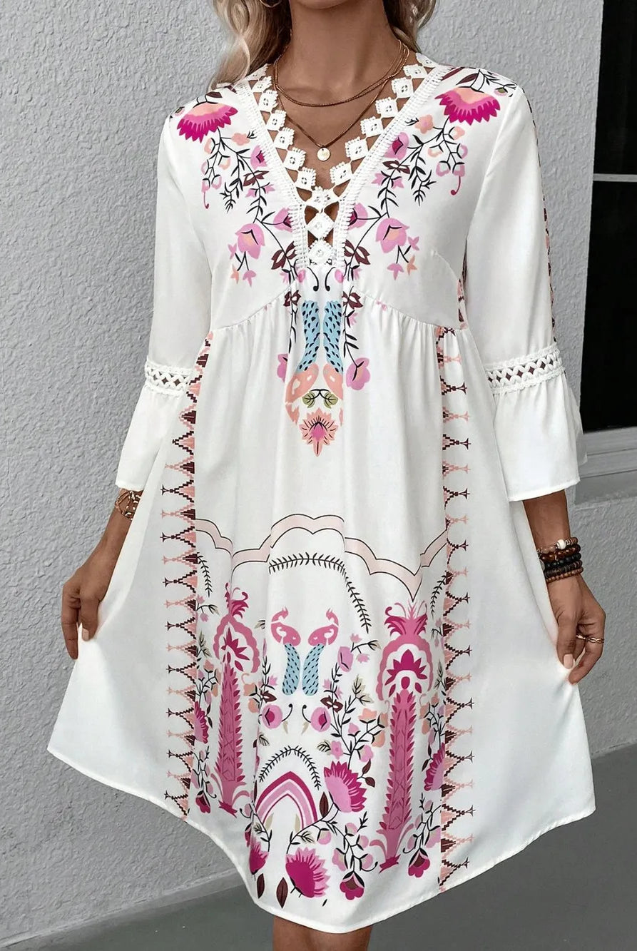 Lace Detail Printed Three-Quarter Sleeve Dress-Dresses-Krush Kandy, Women's Online Fashion Boutique Located in Phoenix, Arizona (Scottsdale Area)