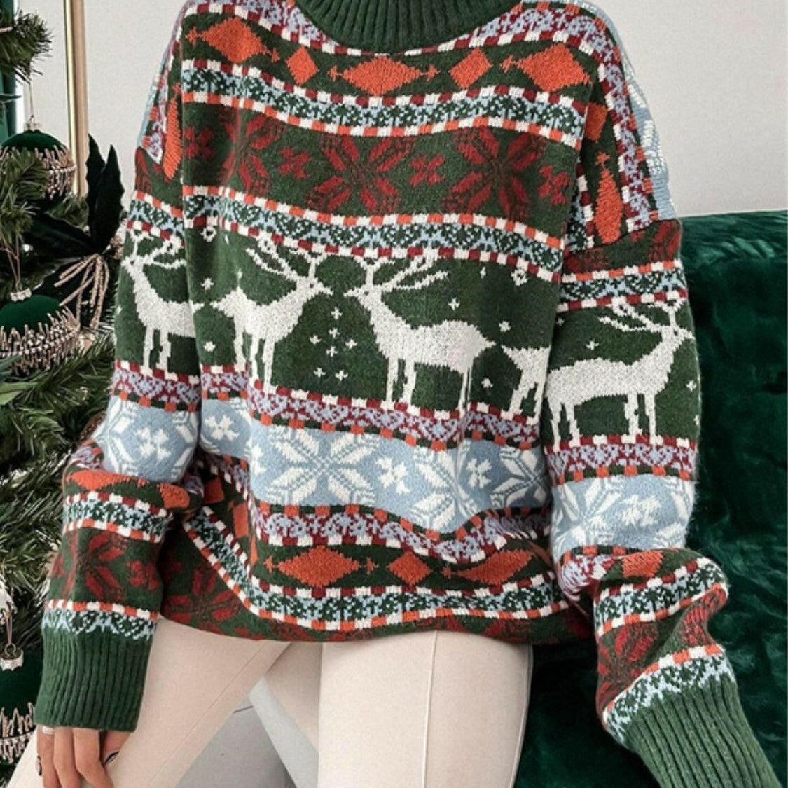Geometric Round Neck Dropped Shoulder Sweater-Sweaters-Krush Kandy, Women's Online Fashion Boutique Located in Phoenix, Arizona (Scottsdale Area)