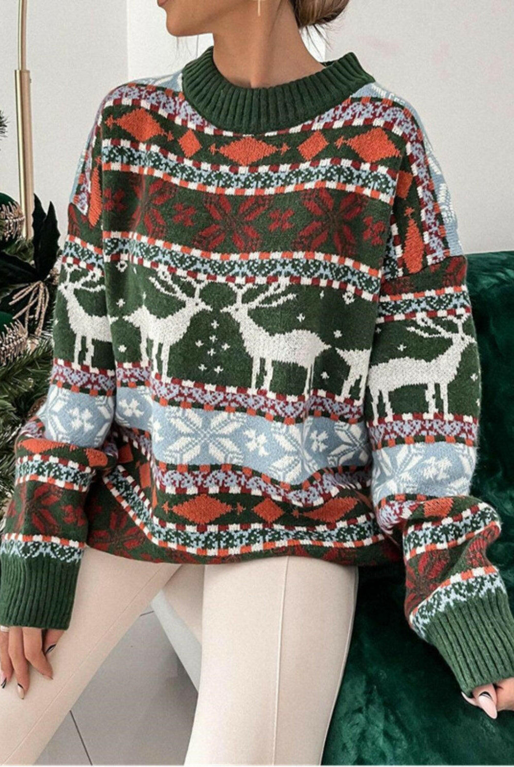 Geometric Round Neck Dropped Shoulder Sweater-Sweaters-Krush Kandy, Women's Online Fashion Boutique Located in Phoenix, Arizona (Scottsdale Area)