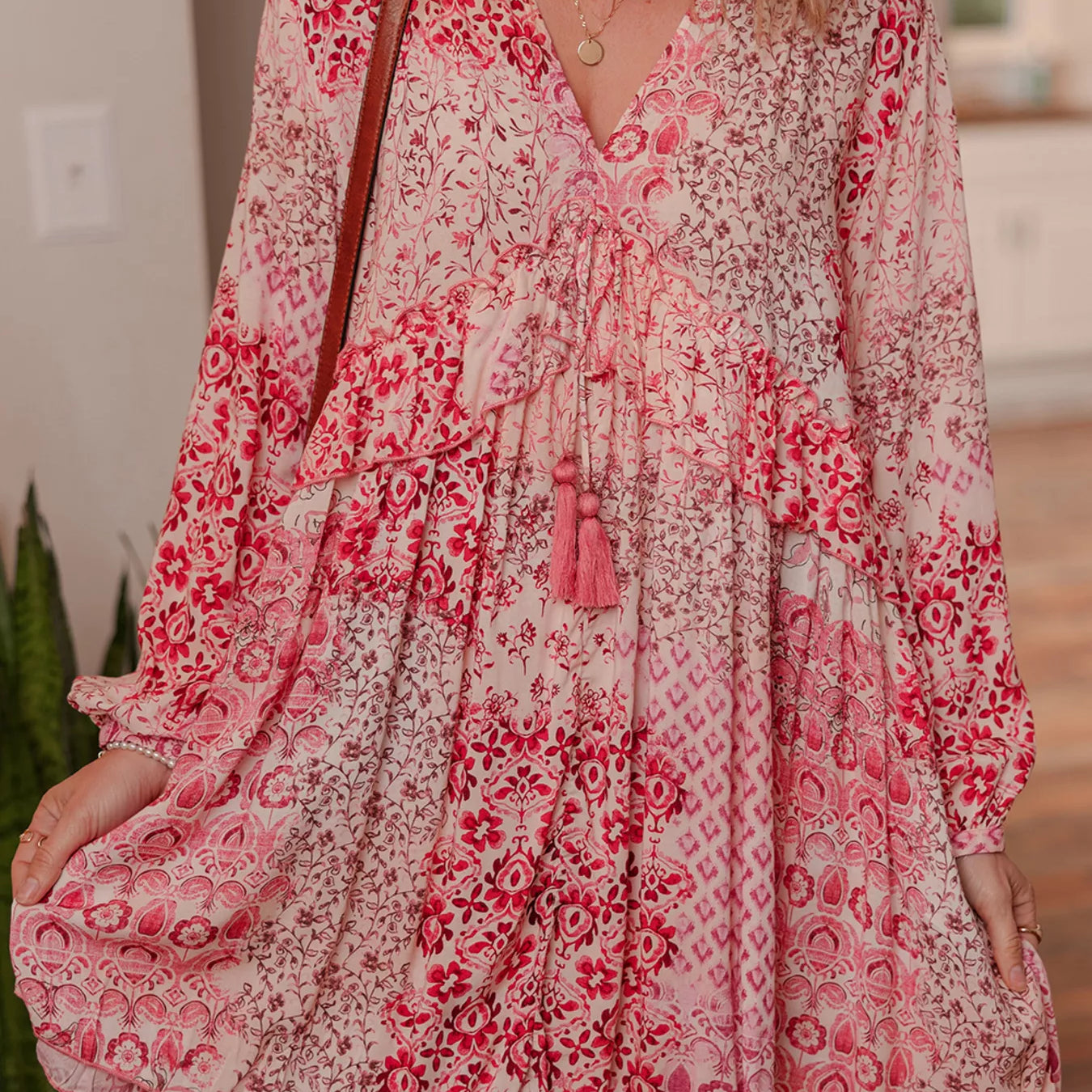 loral Print Tassel Tie Long Sleeve Flowy Mini Dress-Dresses-Krush Kandy, Women's Online Fashion Boutique Located in Phoenix, Arizona (Scottsdale Area)