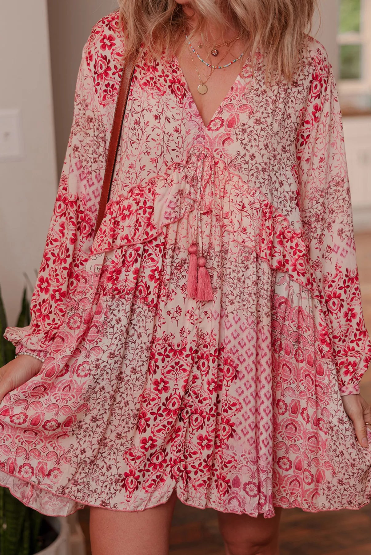 loral Print Tassel Tie Long Sleeve Flowy Mini Dress-Dresses-Krush Kandy, Women's Online Fashion Boutique Located in Phoenix, Arizona (Scottsdale Area)