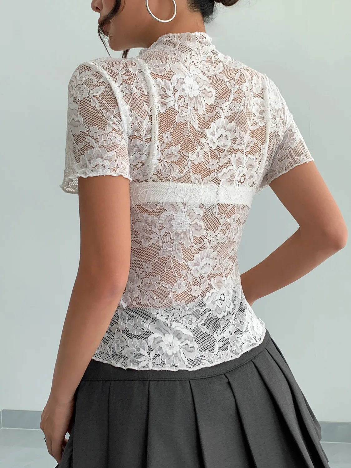 Lace Mock Neck Short Sleeve Top-tops-Krush Kandy, Women's Online Fashion Boutique Located in Phoenix, Arizona (Scottsdale Area)