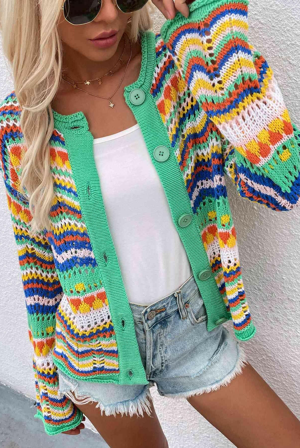 Chevron Stripes Openwork Cardigan-Krush Kandy, Women's Online Fashion Boutique Located in Phoenix, Arizona (Scottsdale Area)