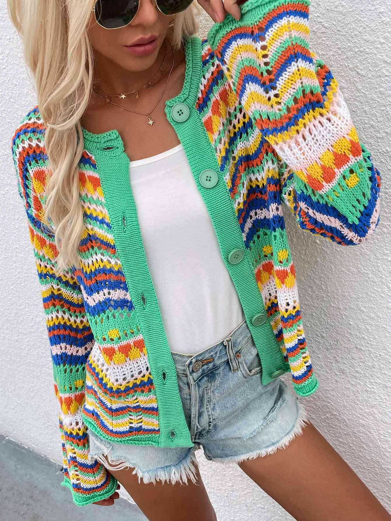 Chevron Stripes Openwork Cardigan-Krush Kandy, Women's Online Fashion Boutique Located in Phoenix, Arizona (Scottsdale Area)