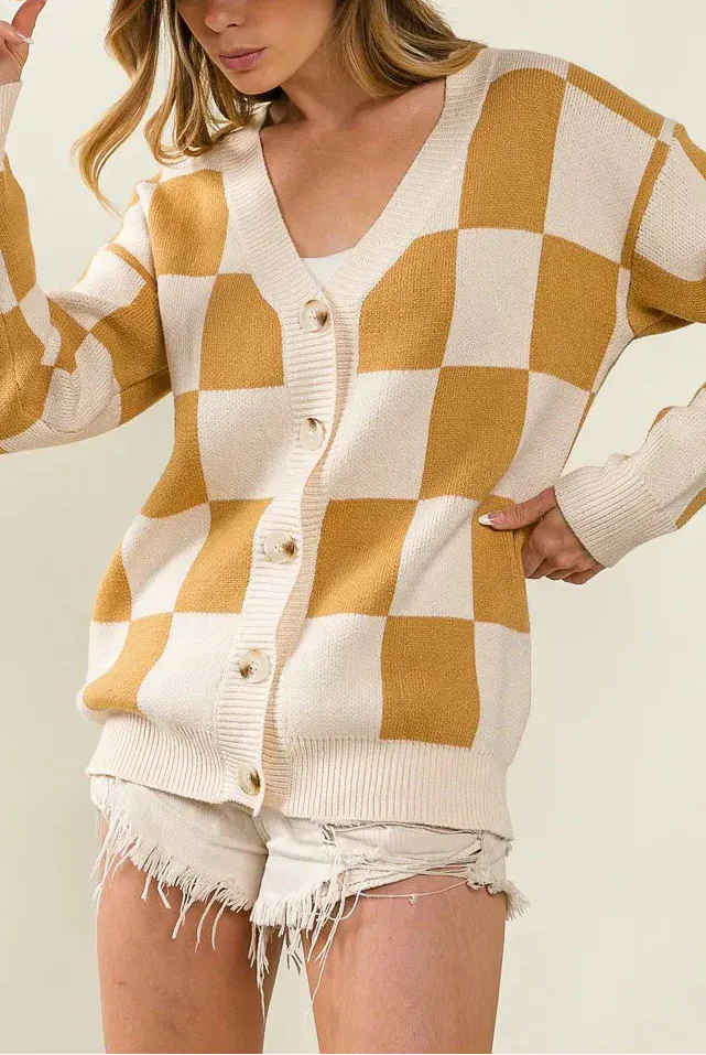 BiBi Checked V-neck Cardigan-Tops-Krush Kandy, Women's Online Fashion Boutique Located in Phoenix, Arizona (Scottsdale Area)