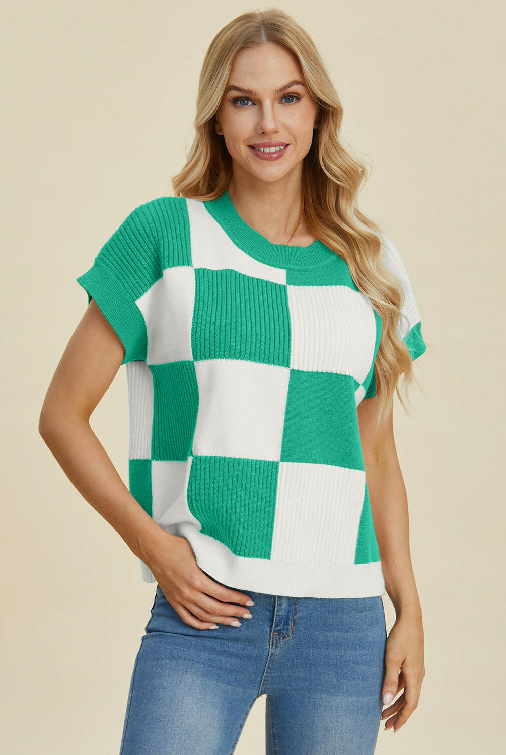 Double Take Full Size Checkered Round Neck Short Sleeve Sweater-Tops-Krush Kandy, Women's Online Fashion Boutique Located in Phoenix, Arizona (Scottsdale Area)