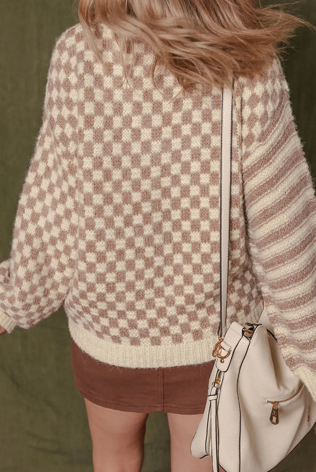 Stripe Checkerboard Drop Shoulder Balloon Sleeve Sweater-Sweaters-Krush Kandy, Women's Online Fashion Boutique Located in Phoenix, Arizona (Scottsdale Area)