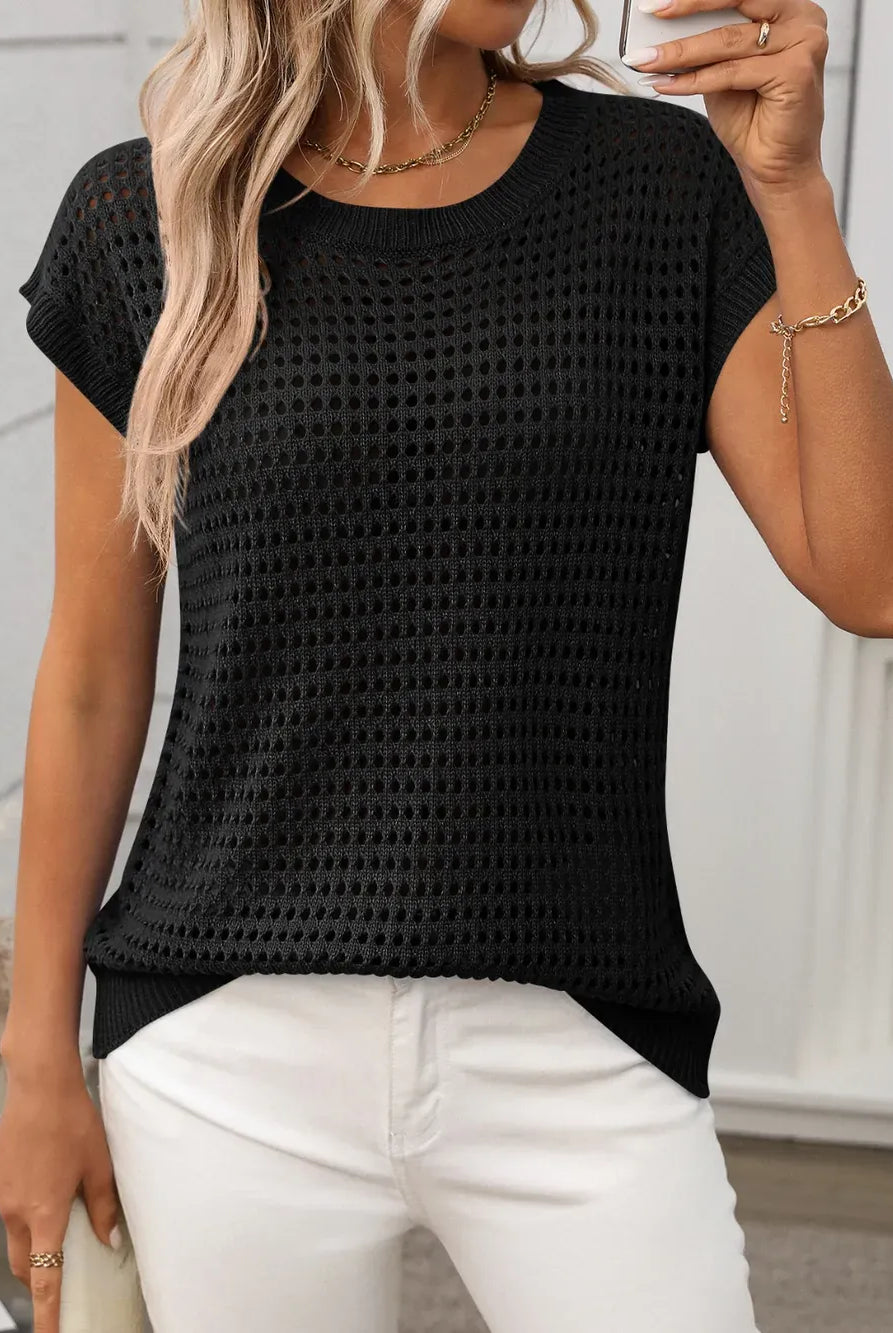 Openwork Round Neck Short Sleeve Knit Cover Up-Krush Kandy, Women's Online Fashion Boutique Located in Phoenix, Arizona (Scottsdale Area)