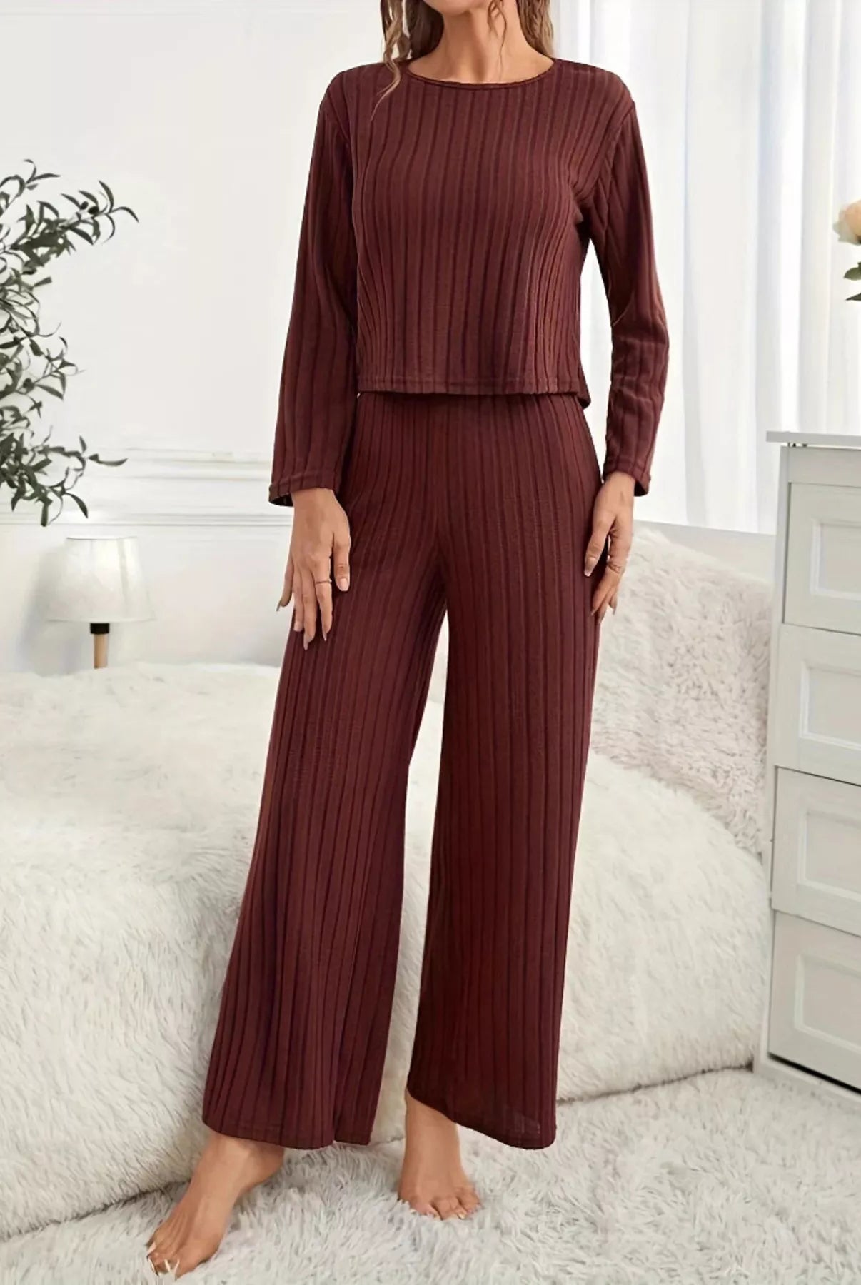 Ribbed Round Neck Long Sleeve Top and Pants Lounge Set-Loungewear-Krush Kandy, Women's Online Fashion Boutique Located in Phoenix, Arizona (Scottsdale Area)