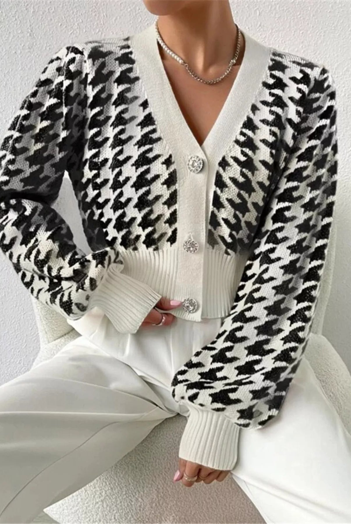 Houndstooth V-Neck Button Up Cardigan-Cardigan-Krush Kandy, Women's Online Fashion Boutique Located in Phoenix, Arizona (Scottsdale Area)