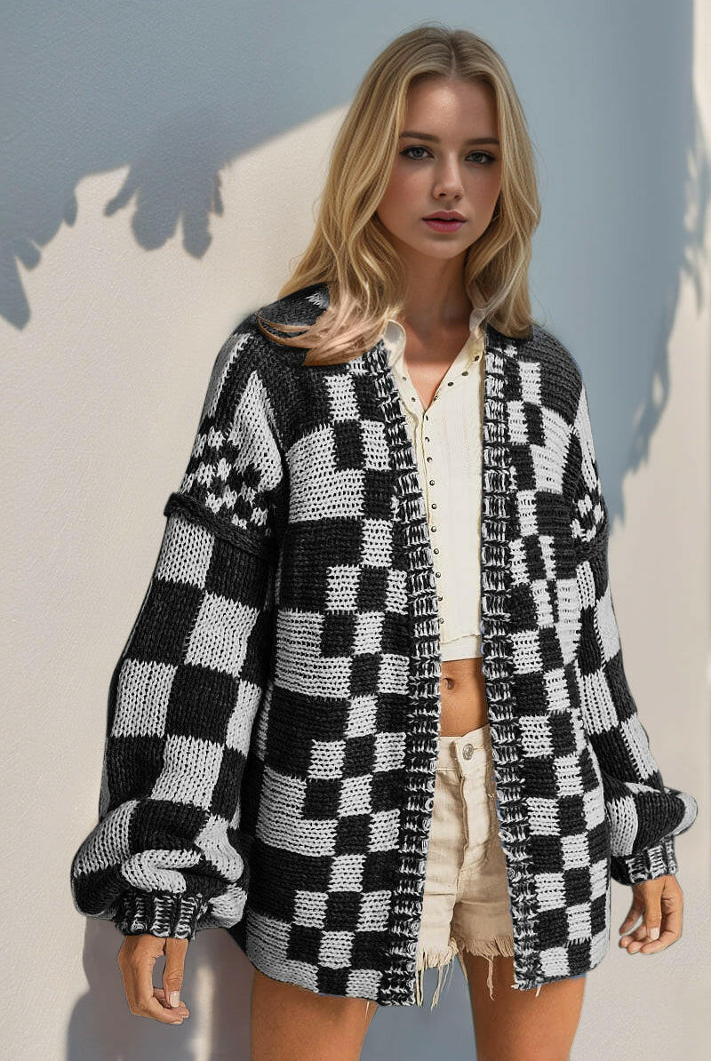Double Take Full Size Open Front Checkered Drop Shoulder Cardigan-Krush Kandy, Women's Online Fashion Boutique Located in Phoenix, Arizona (Scottsdale Area)