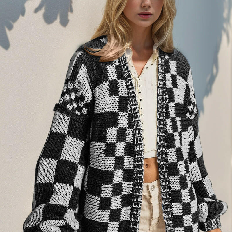 Double Take Full Size Open Front Checkered Drop Shoulder Cardigan-Krush Kandy, Women's Online Fashion Boutique Located in Phoenix, Arizona (Scottsdale Area)