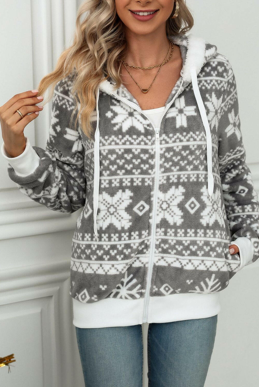 Drawstring Snowflake Zip Up Hooded Outerwear-Hoodies-Krush Kandy, Women's Online Fashion Boutique Located in Phoenix, Arizona (Scottsdale Area)