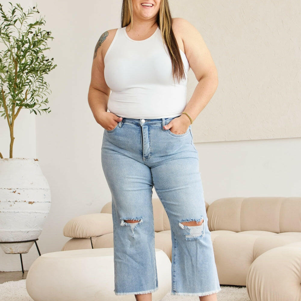 RfM Full Size Tummy Control High Waist Raw Hem Distressed Jeans-Krush Kandy, Women's Online Fashion Boutique Located in Phoenix, Arizona (Scottsdale Area)