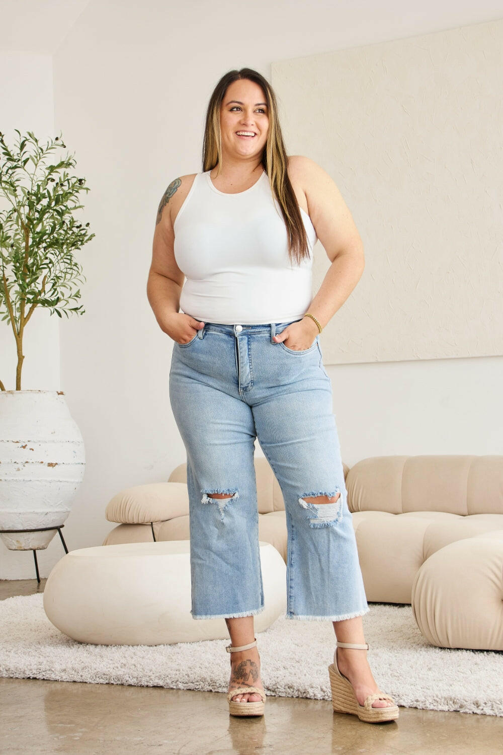 RfM Full Size Tummy Control High Waist Raw Hem Distressed Jeans-Krush Kandy, Women's Online Fashion Boutique Located in Phoenix, Arizona (Scottsdale Area)