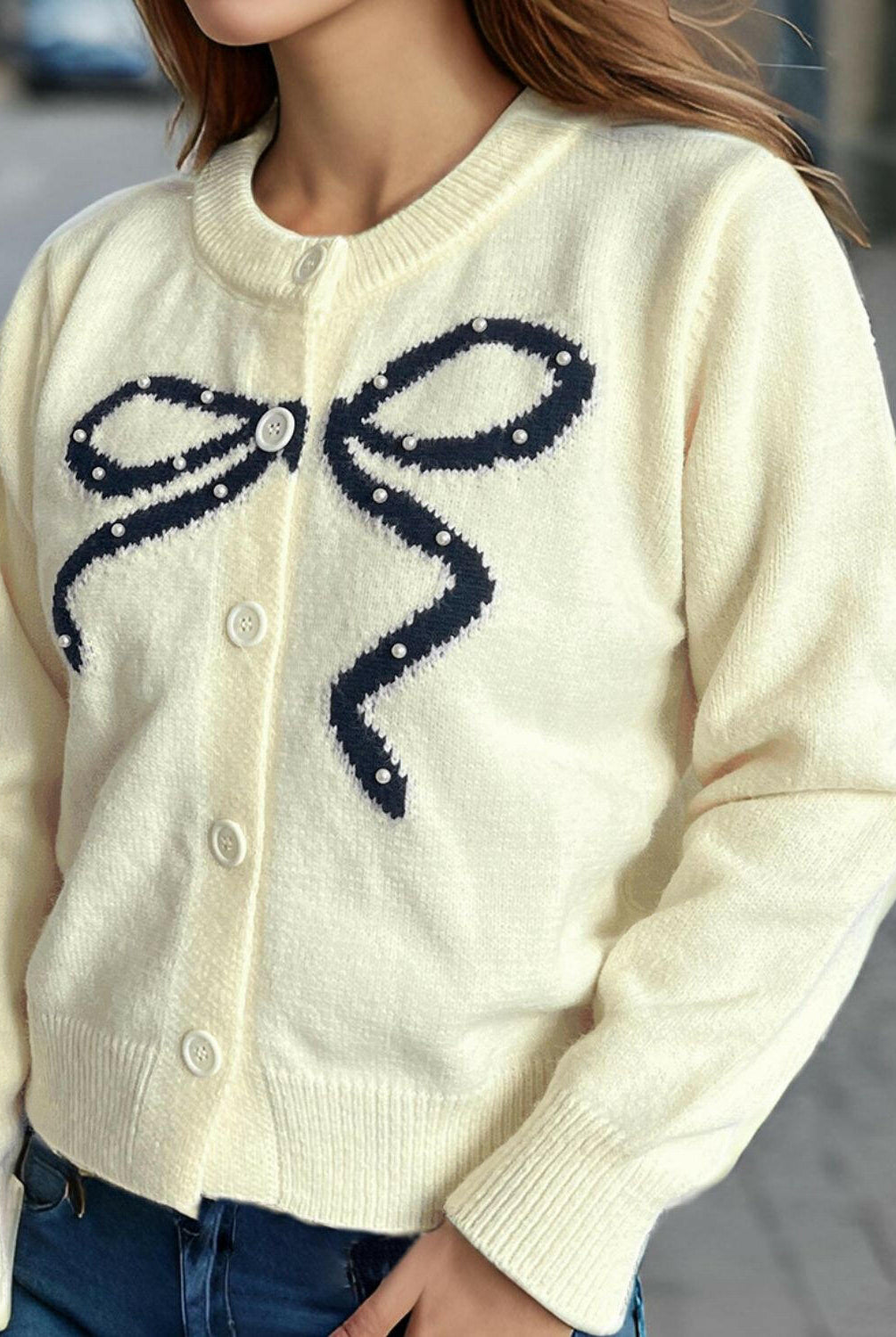 Bow Button Down Round Neck Cardigan-Krush Kandy, Women's Online Fashion Boutique Located in Phoenix, Arizona (Scottsdale Area)