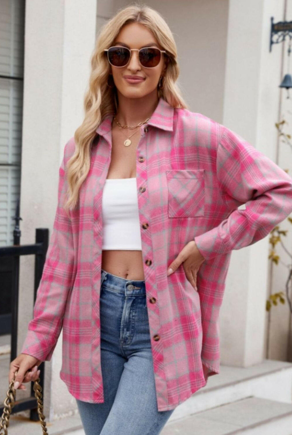 Mandy Pocketed Plaid Collared Neck Long Sleeve Shirt-Krush Kandy, Women's Online Fashion Boutique Located in Phoenix, Arizona (Scottsdale Area)