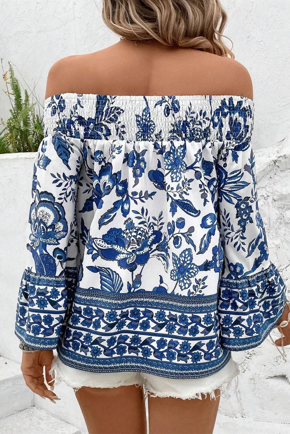 Smocked Printed Off-Shoulder Blouse-Blouses-Krush Kandy, Women's Online Fashion Boutique Located in Phoenix, Arizona (Scottsdale Area)