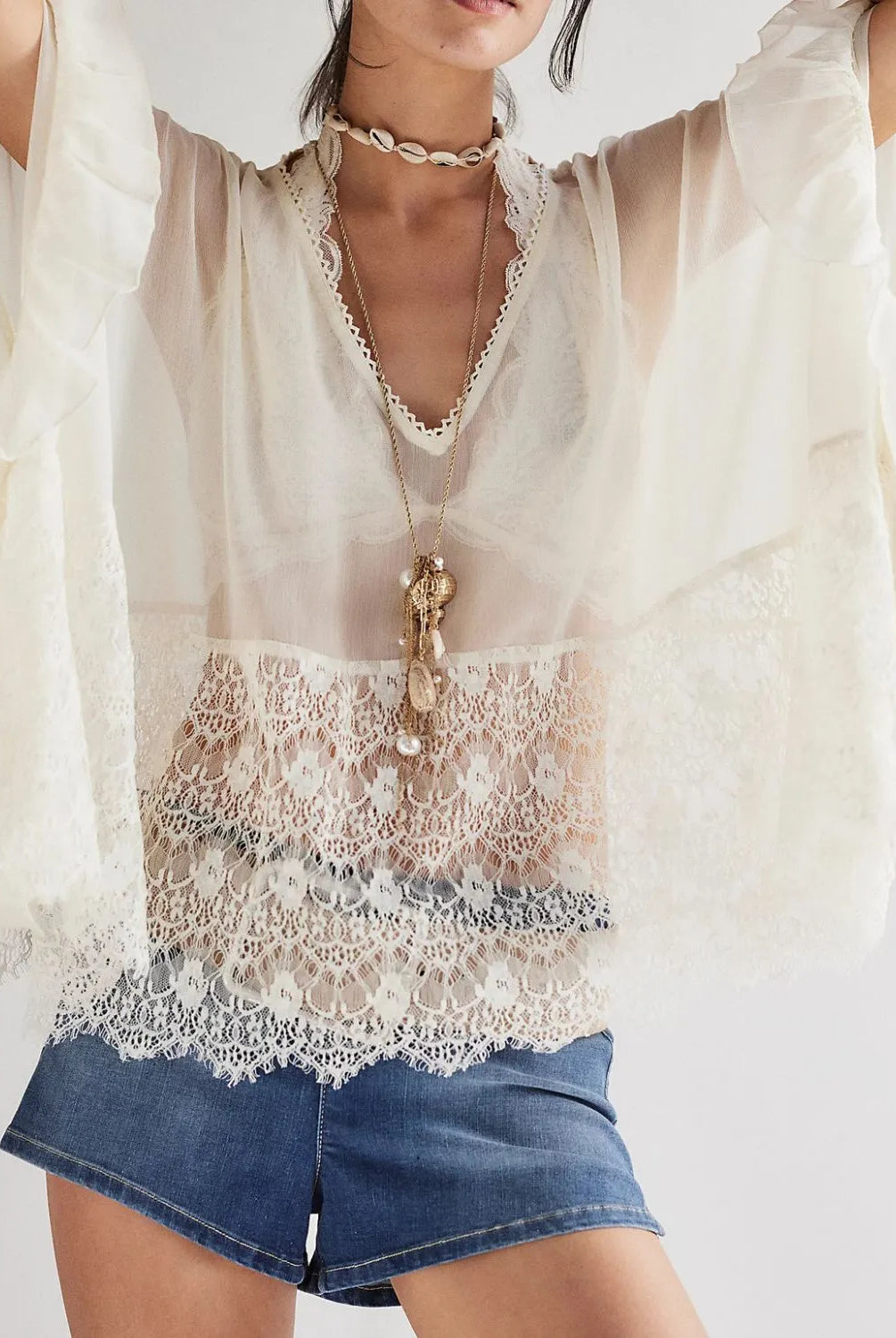 Lace V-Neck Ruffle Long Sleeve Cover-Up-Blouses-Krush Kandy, Women's Online Fashion Boutique Located in Phoenix, Arizona (Scottsdale Area)