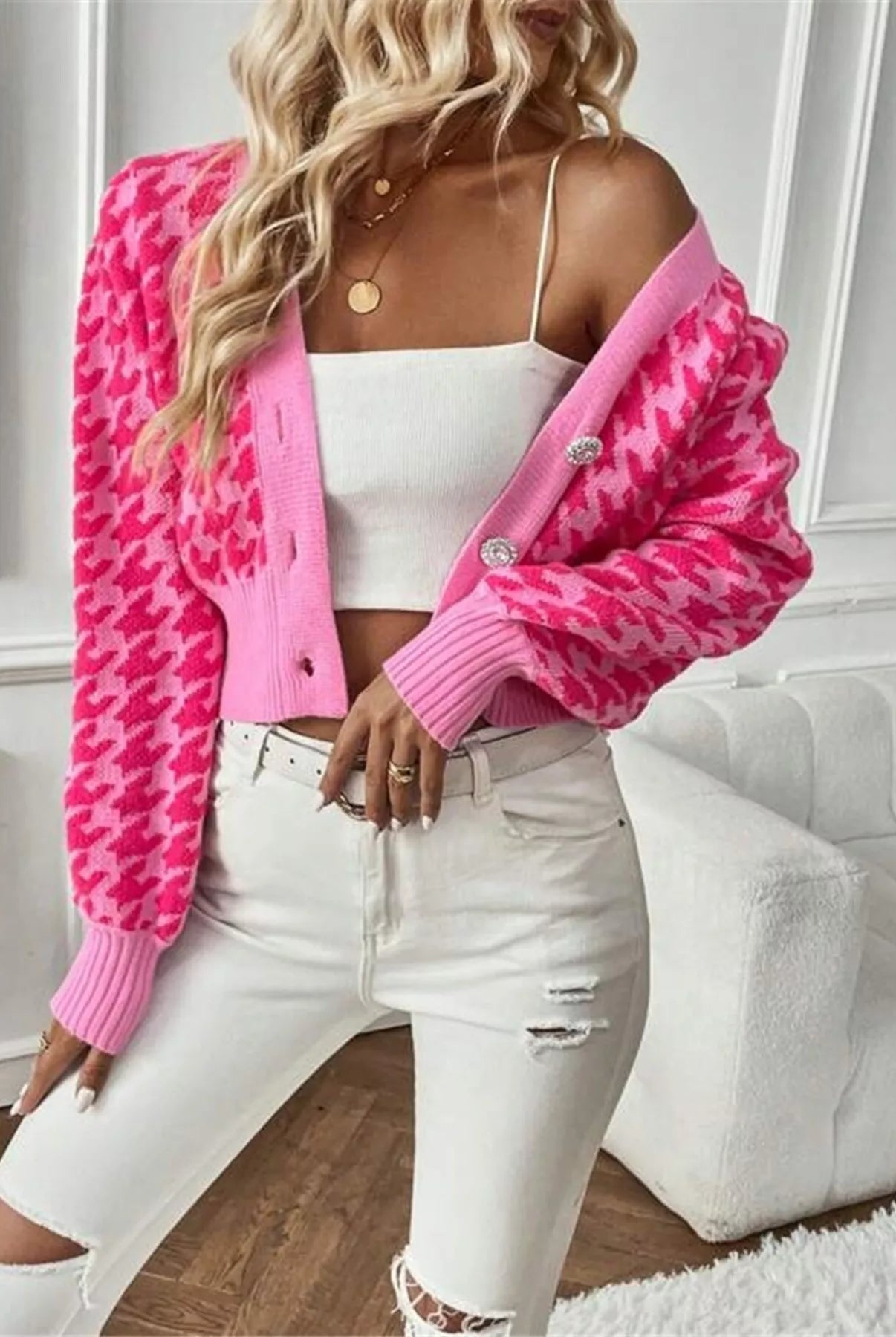 Houndstooth V-Neck Button Up Cardigan-Cardigan-Krush Kandy, Women's Online Fashion Boutique Located in Phoenix, Arizona (Scottsdale Area)