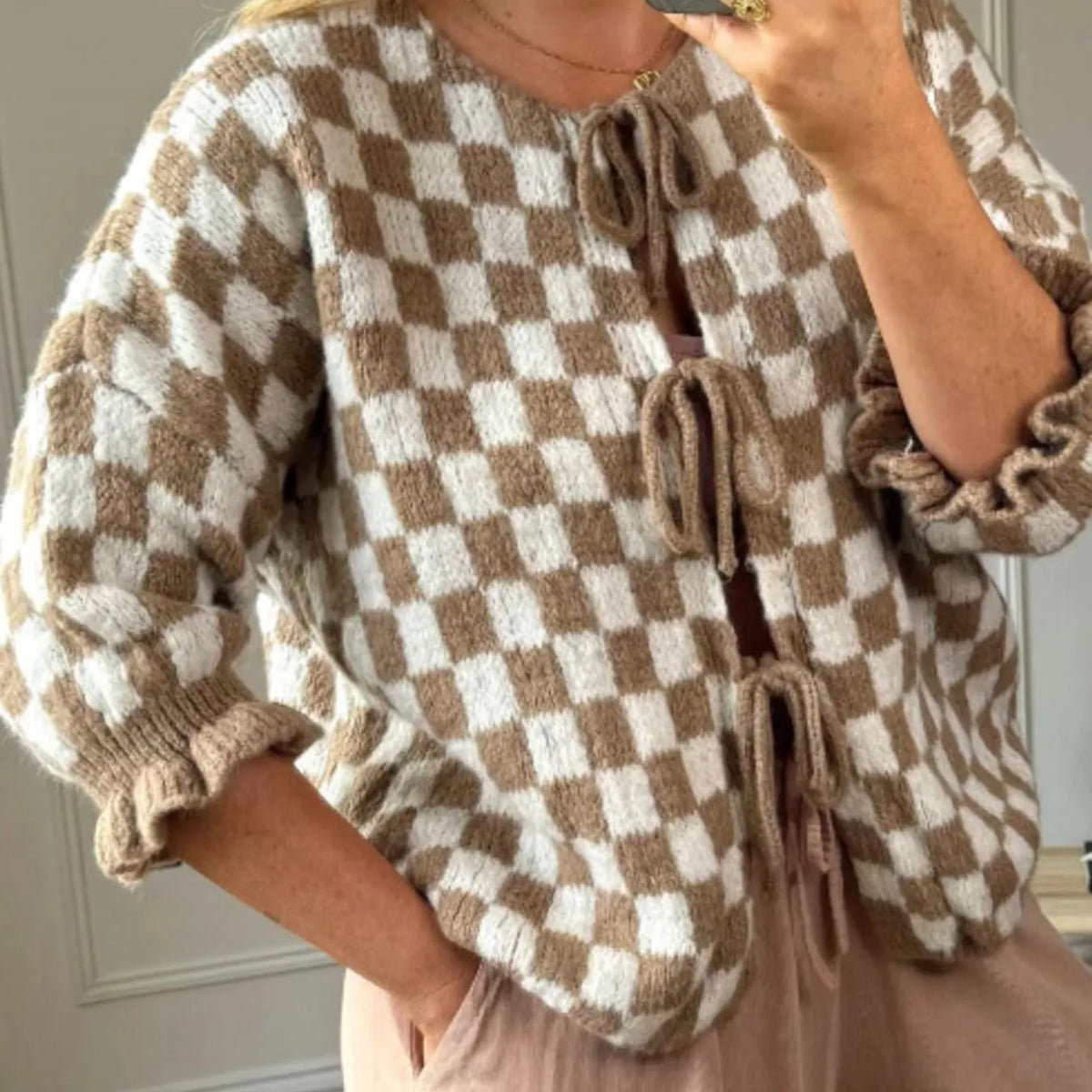 Checkered Tie-Front Knit Cardigan – Krush Kandy