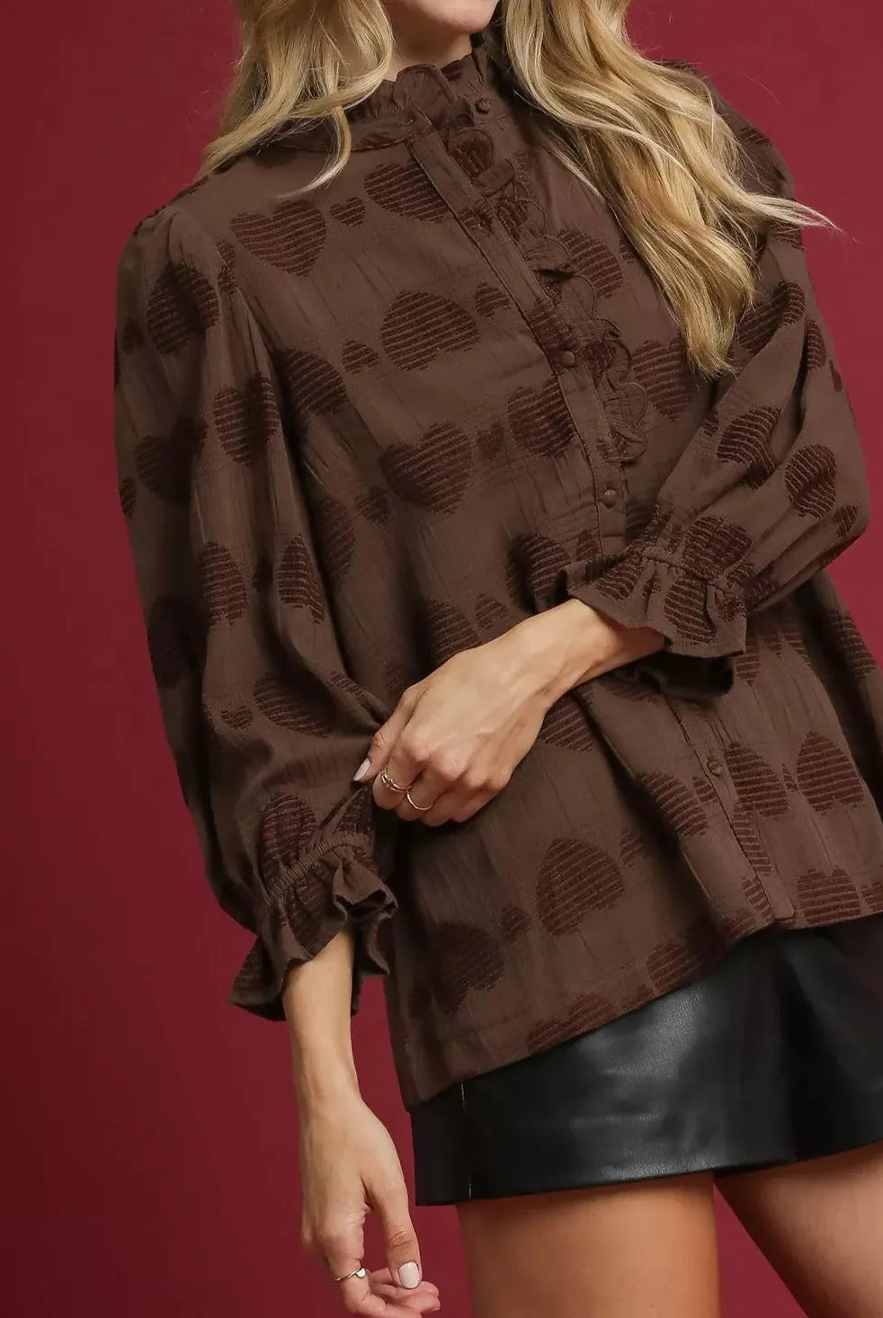 Umgee Heart Jacquard Ruffle Trim Shirt-Tops-Krush Kandy, Women's Online Fashion Boutique Located in Phoenix, Arizona (Scottsdale Area)