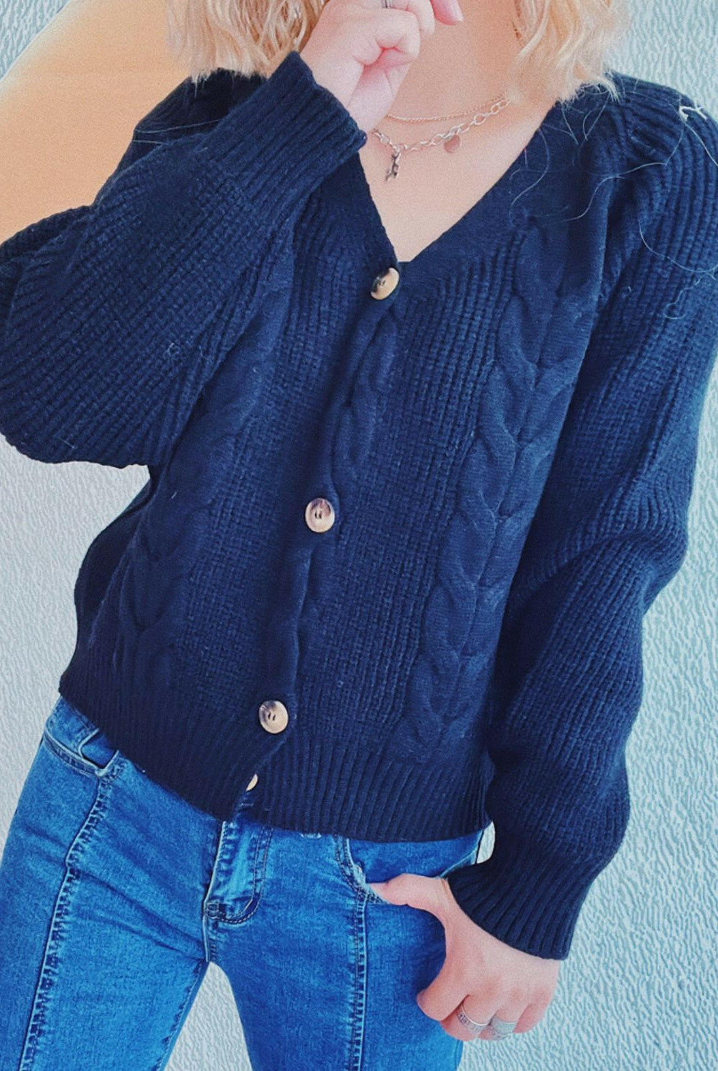 Cable-Knit V-Neck Button Down Long Sleeve Cardigan-Krush Kandy, Women's Online Fashion Boutique Located in Phoenix, Arizona (Scottsdale Area)