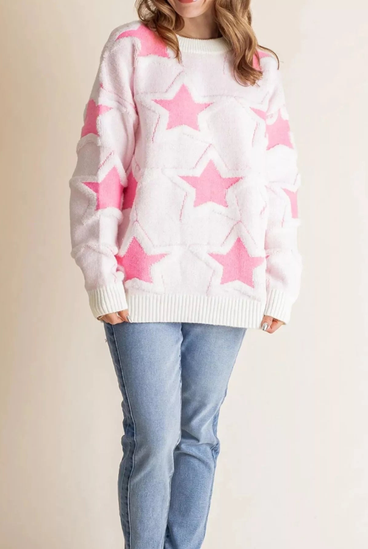 Oversized Star Pattern Ribbed Edge Drop Shoulder Sweater-Sweater-Krush Kandy, Women's Online Fashion Boutique Located in Phoenix, Arizona (Scottsdale Area)