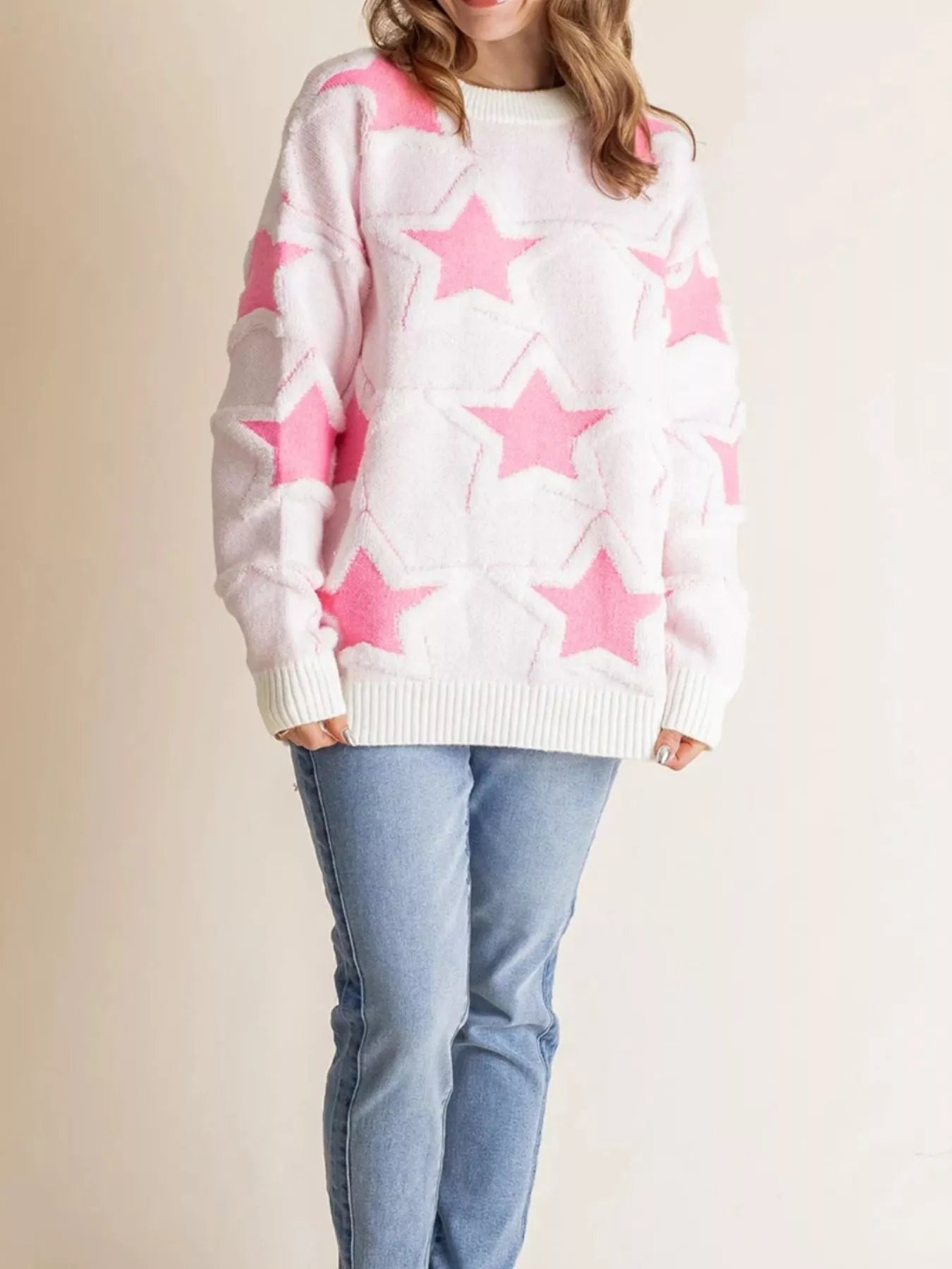 Oversized Star Pattern Ribbed Edge Drop Shoulder Sweater-Sweater-Krush Kandy, Women's Online Fashion Boutique Located in Phoenix, Arizona (Scottsdale Area)