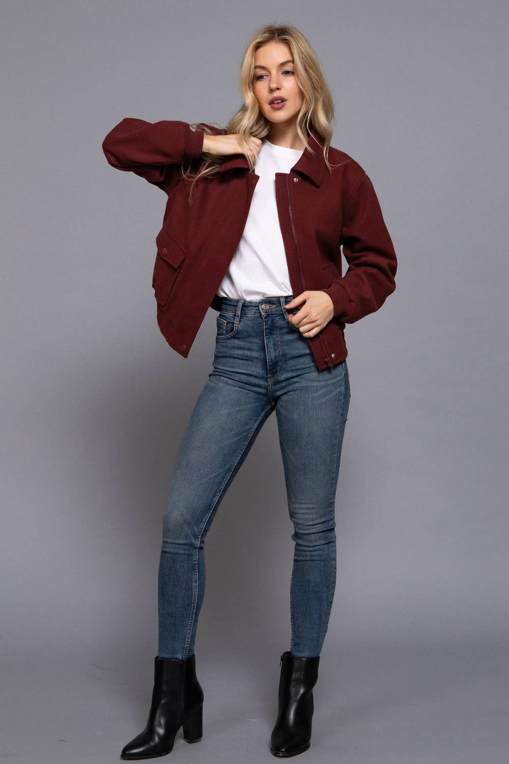 Long Sleeve Lapel Collar Soft Felt Bomber Jacket-Jackets-Krush Kandy, Women's Online Fashion Boutique Located in Phoenix, Arizona (Scottsdale Area)