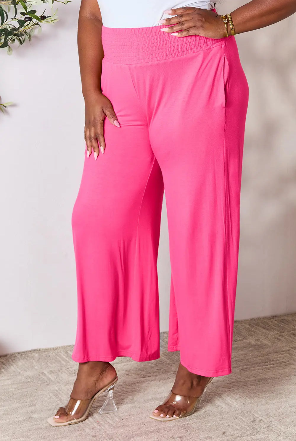 Full Size Smocked Wide Waistband Wide Leg Pants-Pants-Krush Kandy, Women's Online Fashion Boutique Located in Phoenix, Arizona (Scottsdale Area)